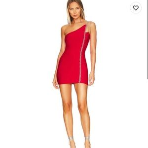 h:ours Red Asymmetrical One-Shoulder Bodycon Dress Small Rhinestone Accents